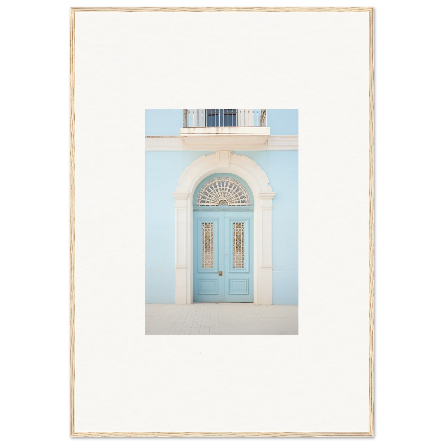 Light blue arched door with glass panels in Delphinium Dream Portal framed wall art