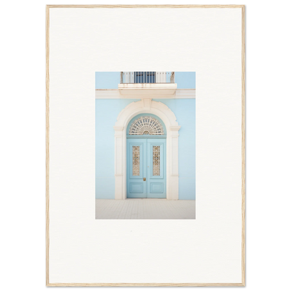 Light blue arched door with glass panels in Delphinium Dream Portal framed wall art