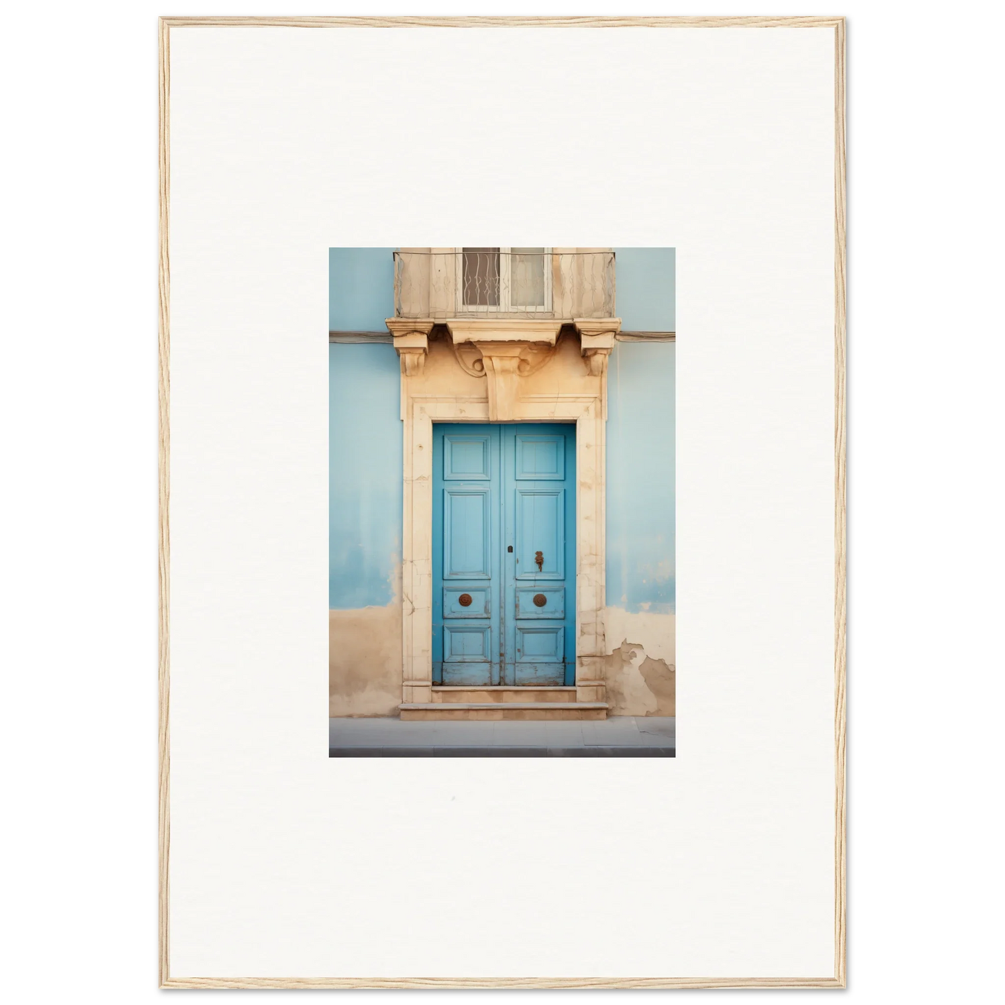 Bright turquoise wooden door with ornate stone trim from the Ephemeral Dreamscape Doorway