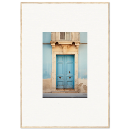 Bright turquoise wooden door with ornate stone trim from the Ephemeral Dreamscape Doorway