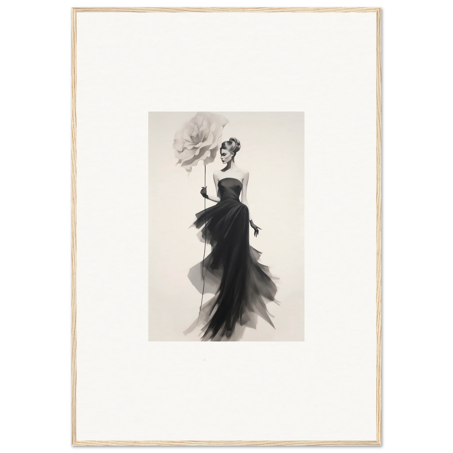 Elegant black and white illustration of a figure in an evening gown for Opulent Reverie Lyrisans