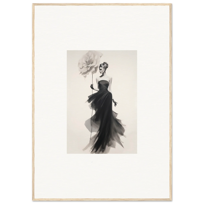 Elegant black and white illustration of a figure in an evening gown for Opulent Reverie Lyrisans