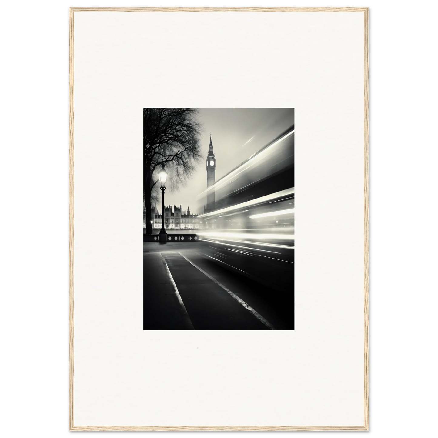 Black and white Big Ben photo with light trails, perfect for Fluid Timeless Pulse art