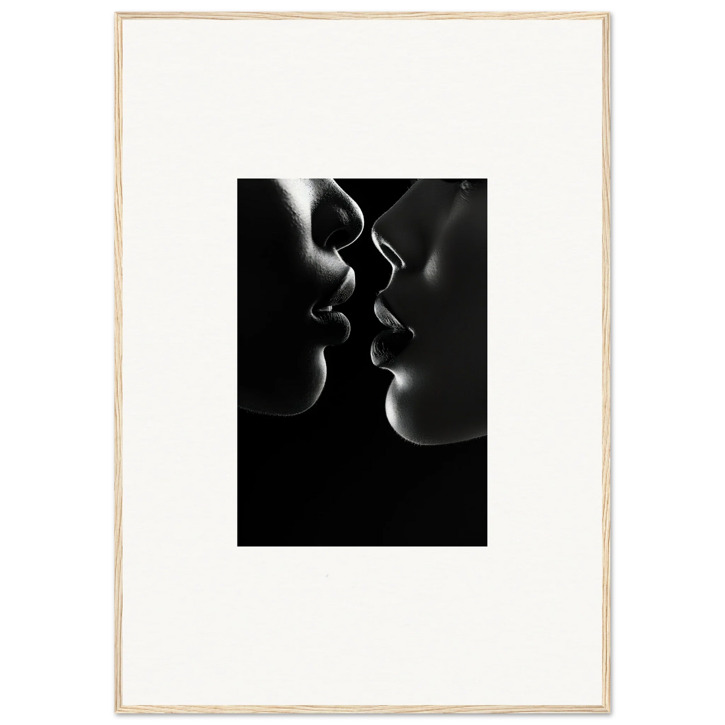 Two silhouettes almost touching in a black and white art piece, Midnight Kiss Darkness