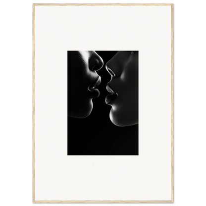 Two silhouettes almost touching in a black and white art piece, Midnight Kiss Darkness