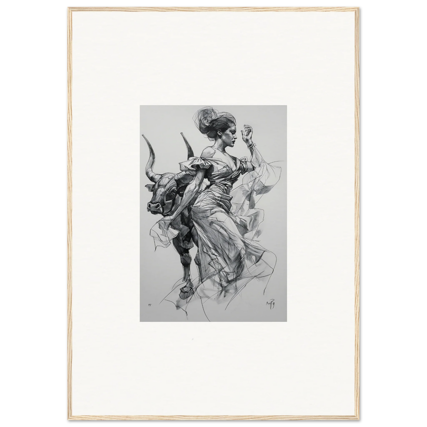 Black and white sketch of a figure in robes on a bull for Sirens Veil Matador art