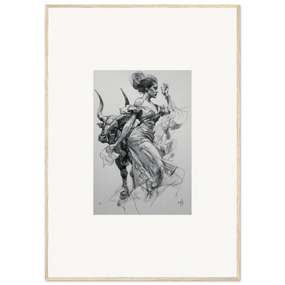 Black and white sketch of a figure in robes on a bull for Sirens Veil Matador art