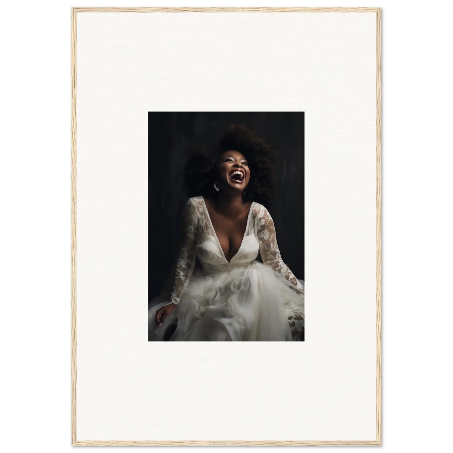 Joyful person in a white lace wedding dress, part of Timeless Essence Laughter collection