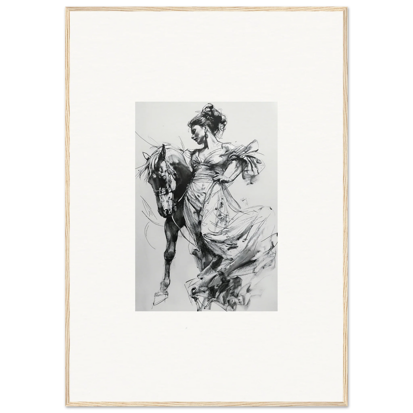 Black and white sketch of a person in flowing dress on a horse for Stardust Morph Whimsy