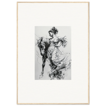 Black and white sketch of a person in flowing dress on a horse for Stardust Morph Whimsy