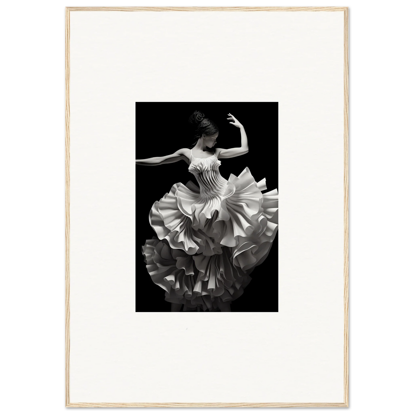 Dancer in ruffled white dress mid-twirl for Tangled Luminous Laces framed poster