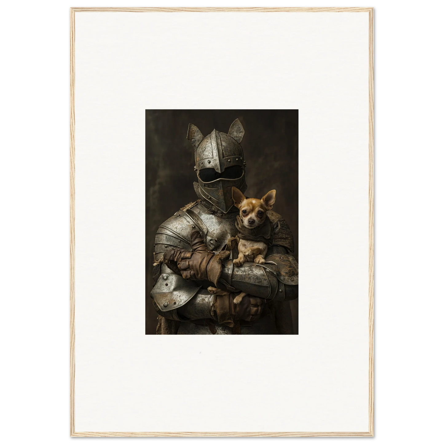 Medieval knight in armor with a dog in Serene Steel Whispers framed wall art