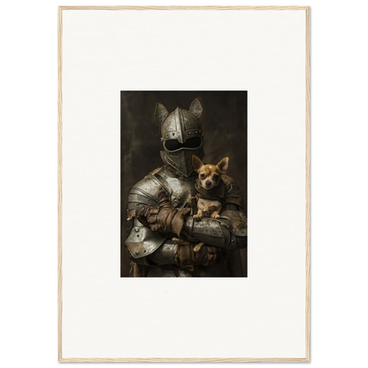 Medieval knight in armor with a dog in Serene Steel Whispers framed wall art