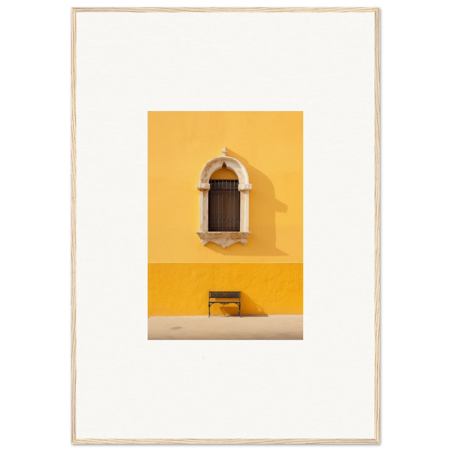 Arched window with wooden shutters on yellow wall, perfect for premium framed wall art