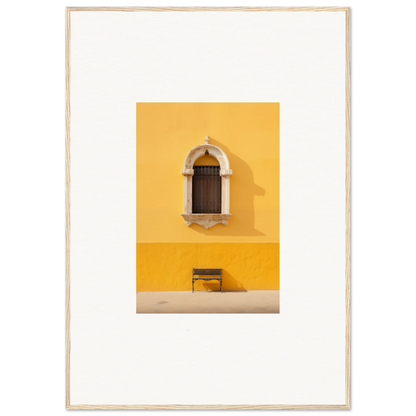 Arched window with wooden shutters on yellow wall, perfect for premium framed wall art