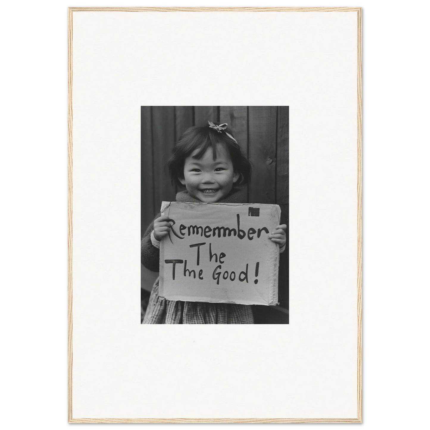 Black and white photo of a sign saying Remember The Good from Timeless Joy Parade framed wall art