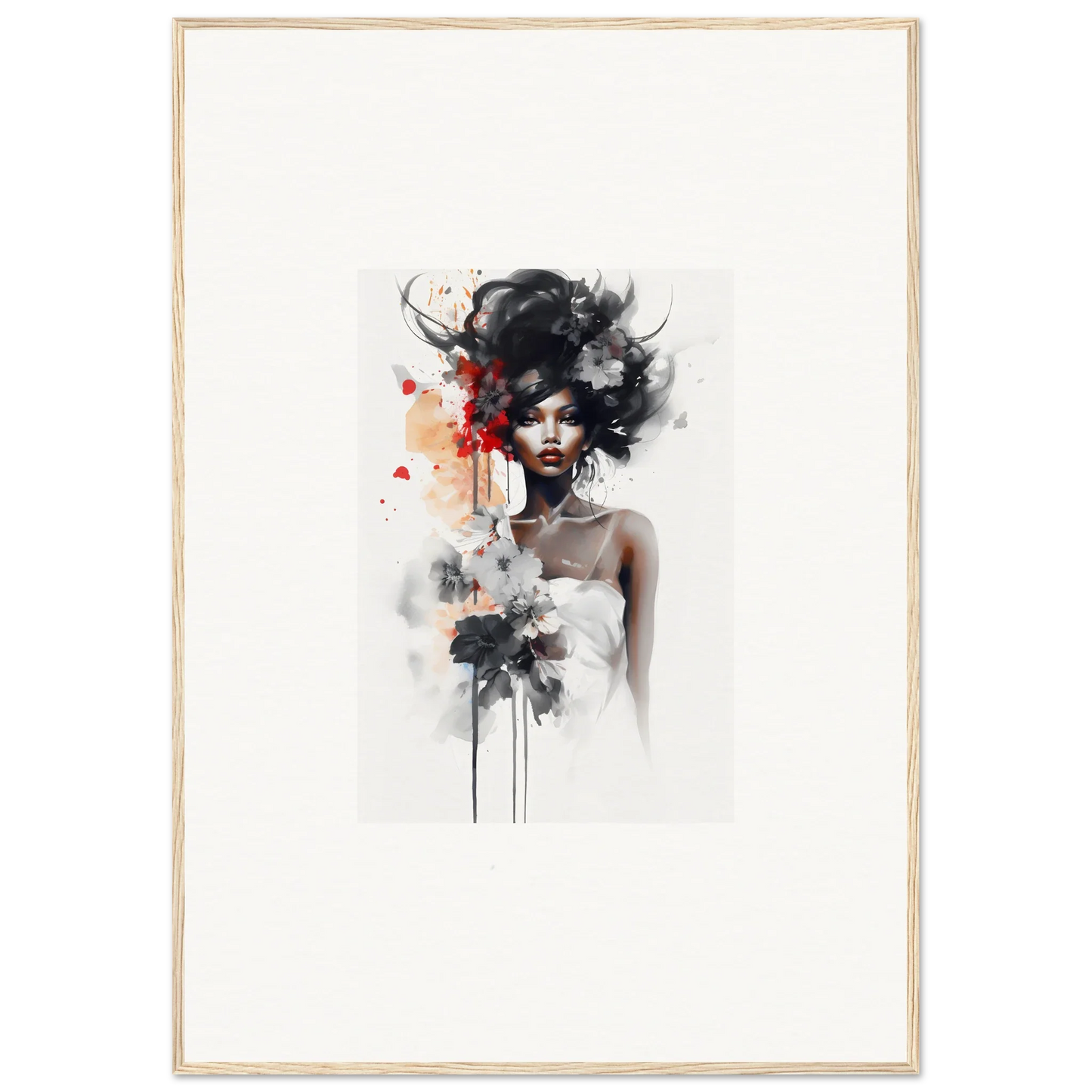 Artistic watercolor portrait from Plume Sultry Reverie with dramatic hair and red accents