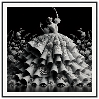 Dancer in a ruffled floral gown showcasing Baroque Blossom Ballet framed poster