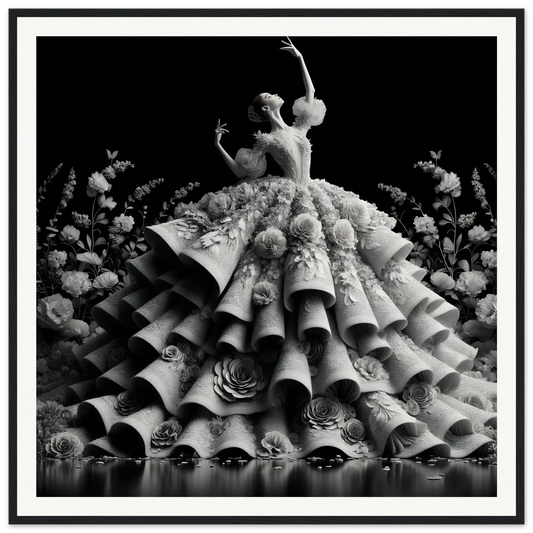 Dancer in a ruffled floral gown showcasing Baroque Blossom Ballet framed poster