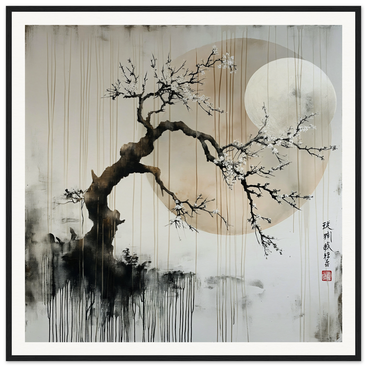 Twisted plum blossom branch with flowers and moon in Blossoms Cosmic Serenade art