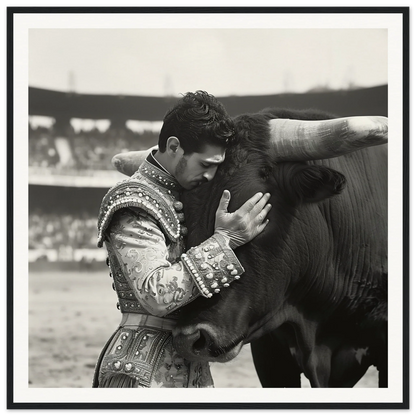 Matador in ornate suit hugs bull’s head, featured in Bovine-passo Solo framed wall art