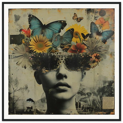 Surreal Butterfly Dream Visage art with flowers and a monochrome portrait