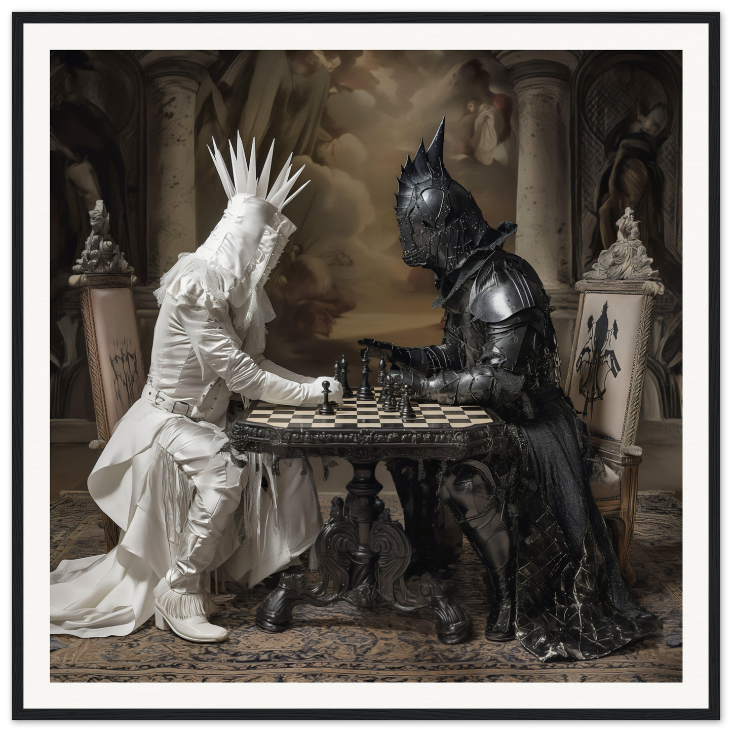 Two armored figures in black and white playing chess in Chess Diabolic Harmonies