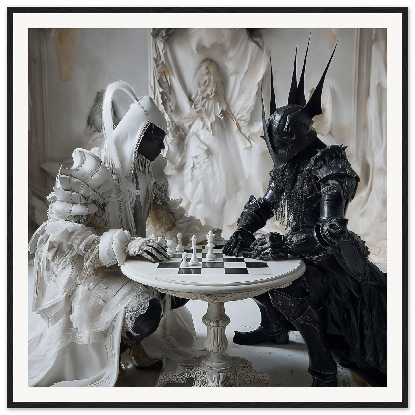 Two figures in white and black armor playing chess in Chess Duality Dance art