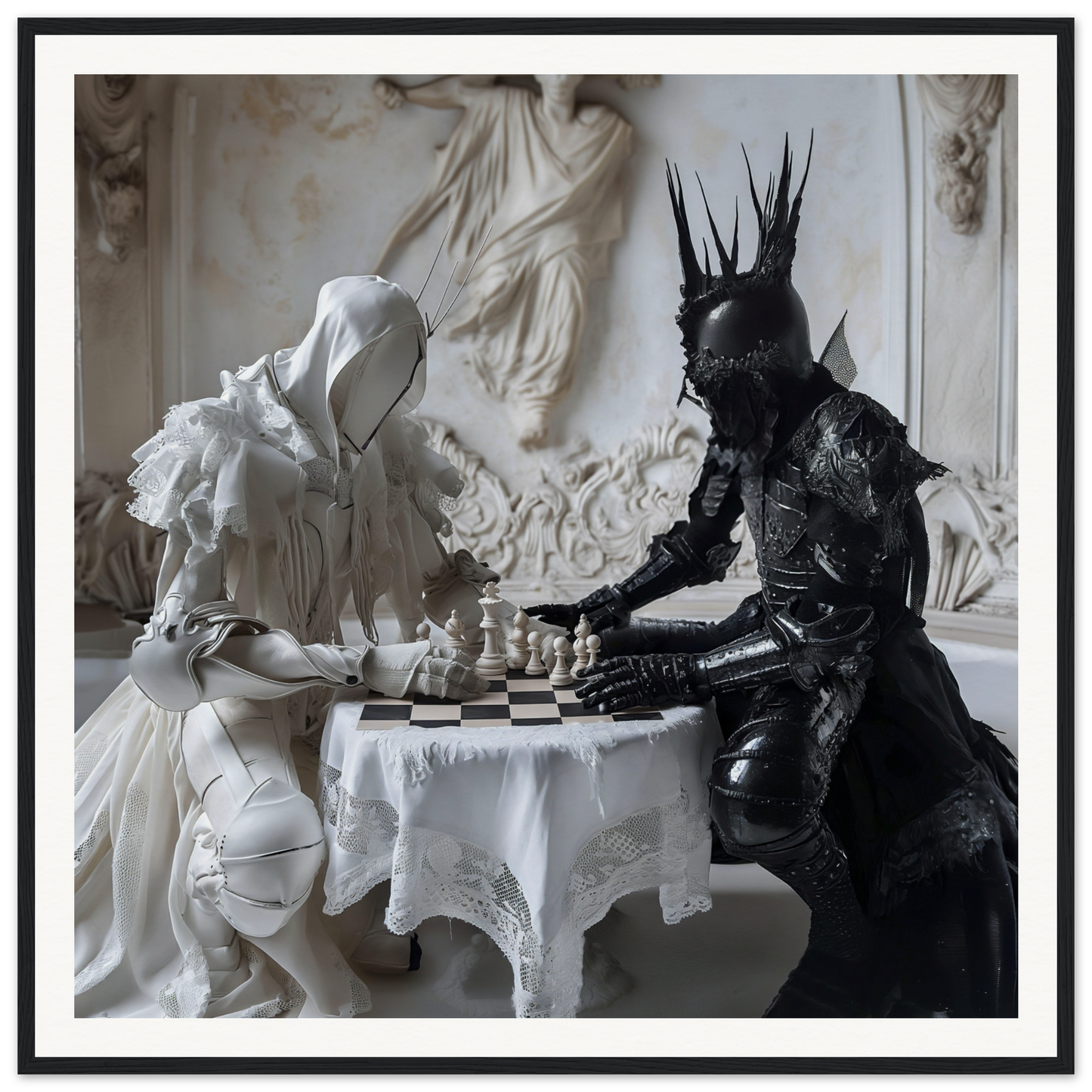 Two armored figures in white and black play chess on a lace table in Chess Rhapsody Duality