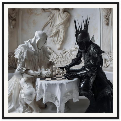 Two armored figures in white and black play chess on a lace table in Chess Rhapsody Duality