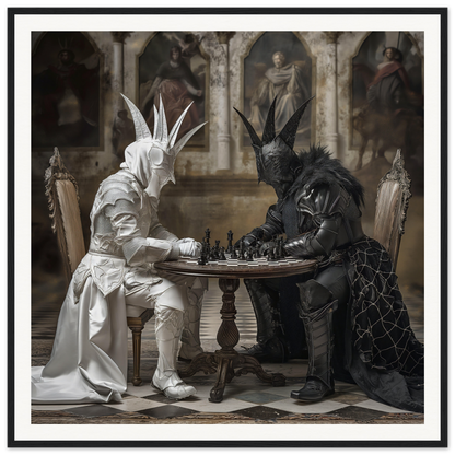 Two costumed figures in white and black playing chess on a Chessboard Waltz table