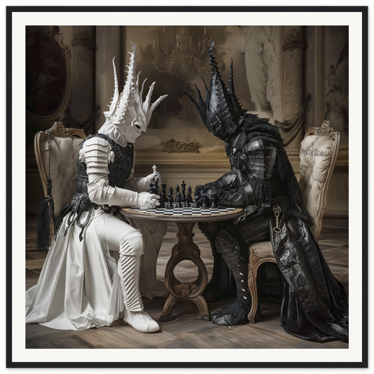 Two fantasy creatures in ornate costumes play chess in Chessmen Mystics’ Duel art