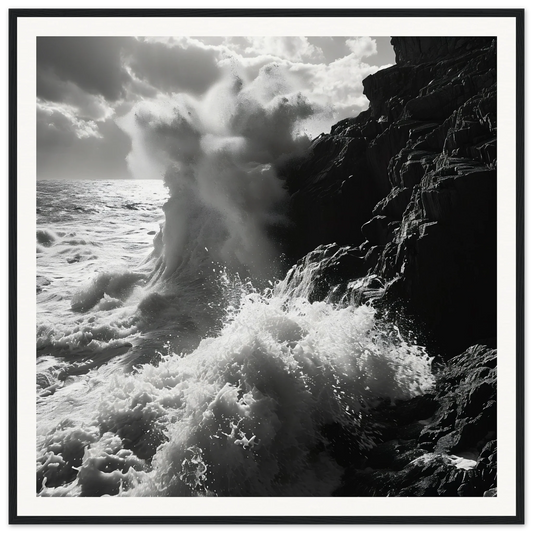 Ocean waves crash against cliffs, inspired by Dance Infernal Embrace special edition art™