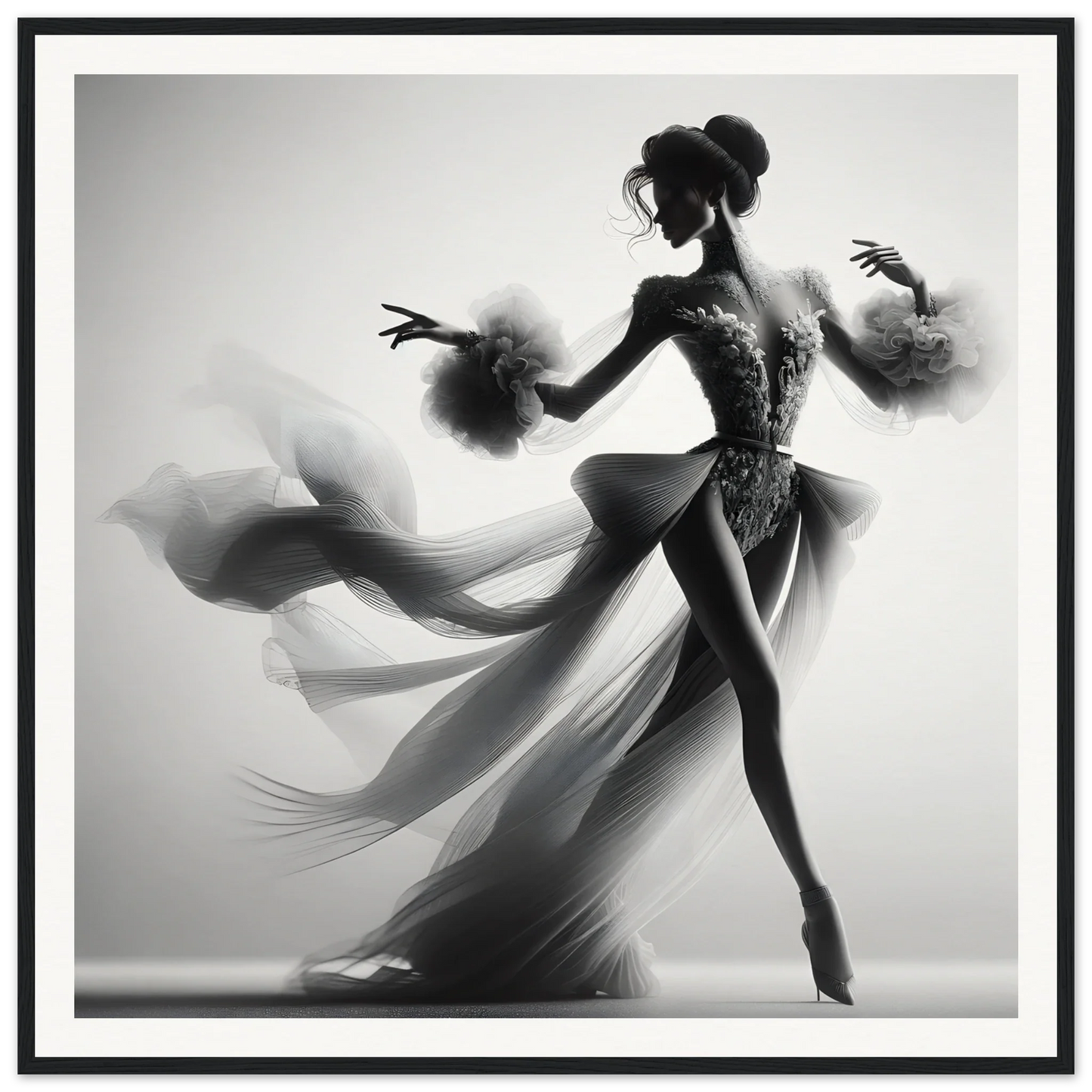 Graceful dancer silhouette in a flowing dress, Dancing Lightstreams Afloat artwork display