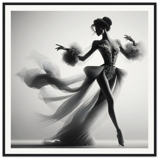 Graceful dancer silhouette in a flowing dress, Dancing Lightstreams Afloat artwork display