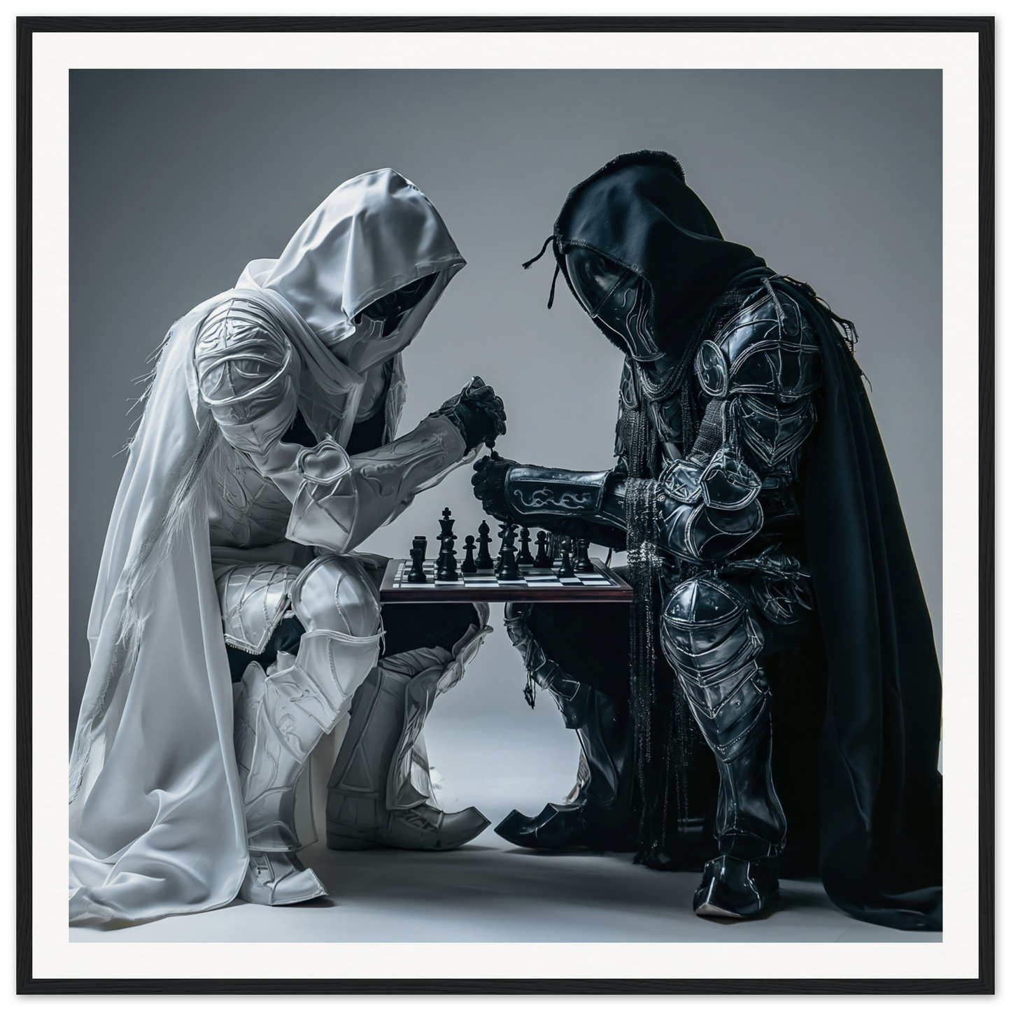 Two hooded figures in black and white robes intensely playing chess in a Duality Chess Dreamscape