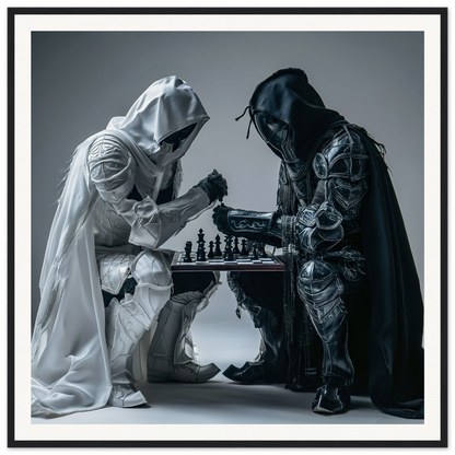 Two hooded figures in black and white robes intensely playing chess in a Duality Chess Dreamscape