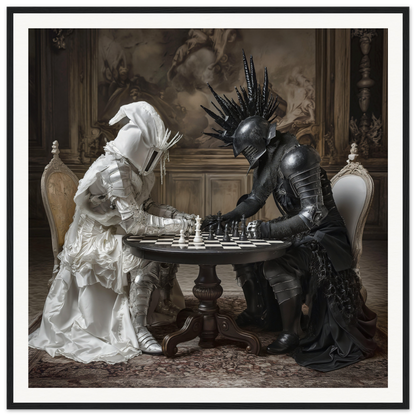 Two figures in black and white play chess in Duelling Nightmares’ Vision framed poster