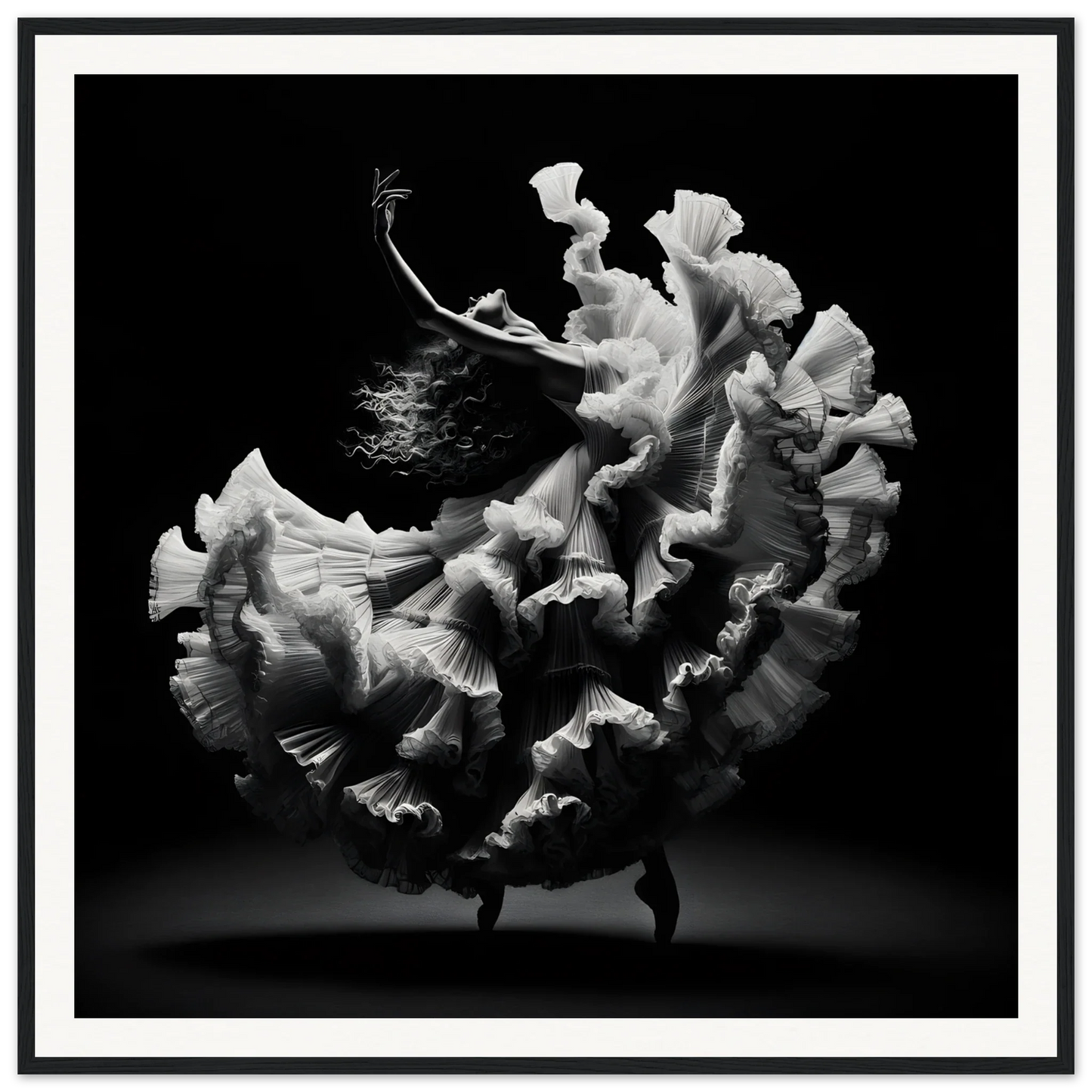 Flowing white dress fabric in motion on a dark backdrop for Ecstatic Twirl Shadows poster