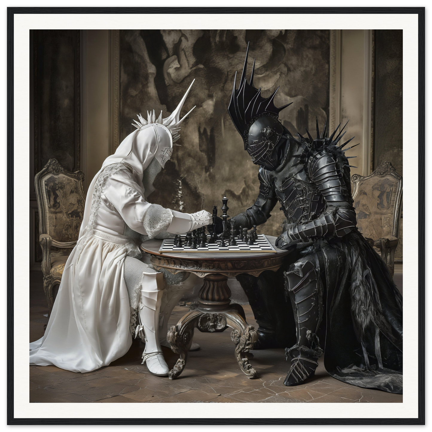 Two armored figures enjoying an elegant chess duel at a stylish ornate table