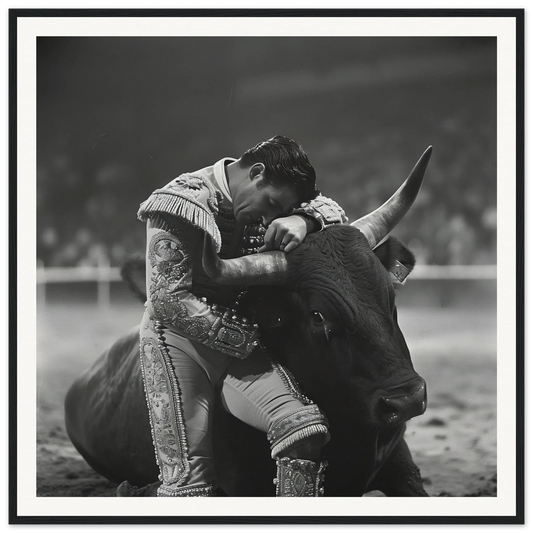 Dramatic black and white shot of a matador and bull for special edition art™