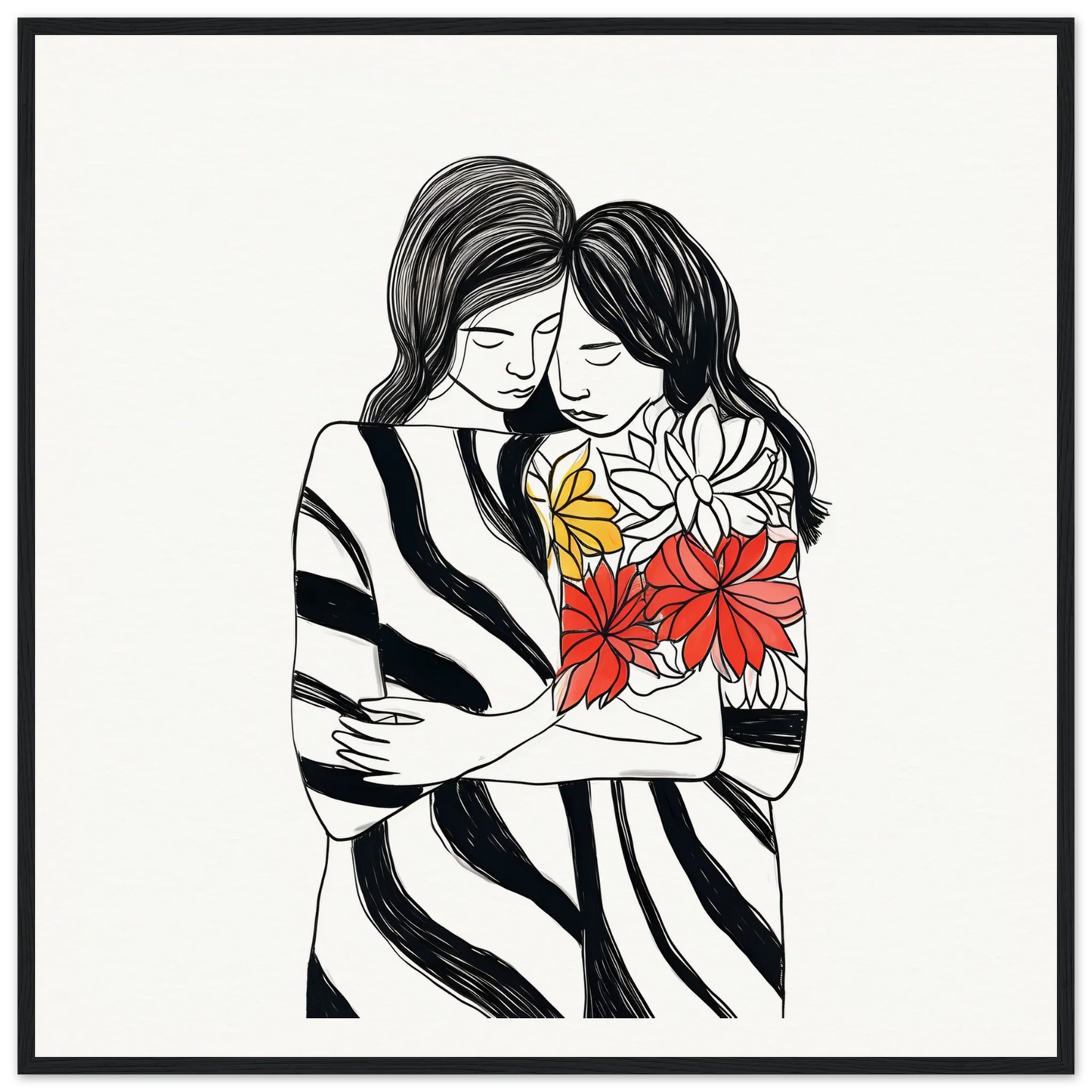 Line drawing of two people embracing with colorful flowers, Embrace Florid Flicker art