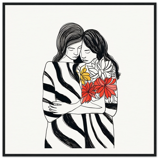 Line drawing of two people embracing with colorful flowers, Embrace Florid Flicker art