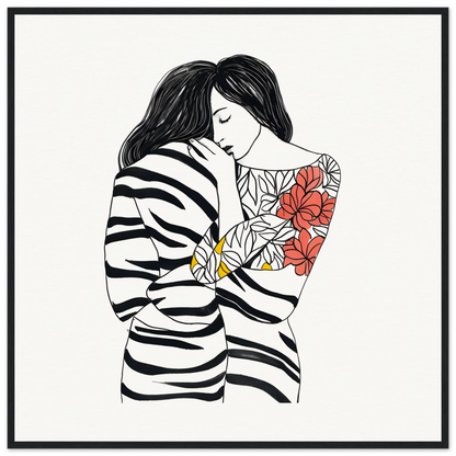 Line drawing of a figure in a striped sweater showcasing Etched Embrace Harmony art