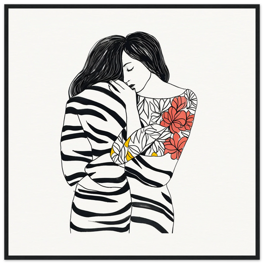 Line drawing of a figure in a striped sweater showcasing Etched Embrace Harmony art