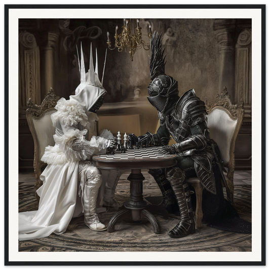 Two armored figures in a thrilling Eternal Mind Duel chess match at a round table