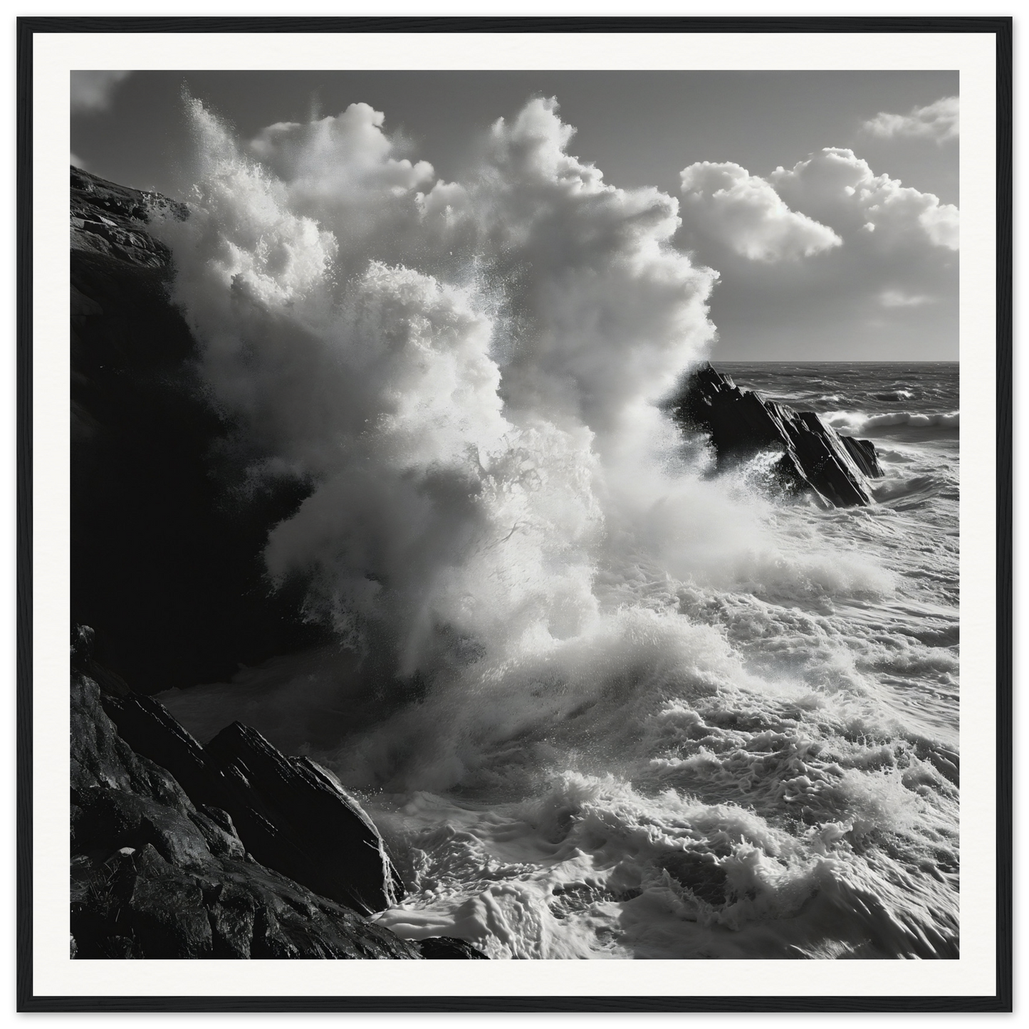 Powerful ocean waves crash against cliffs in Eternal Splash Ecstasy framed art