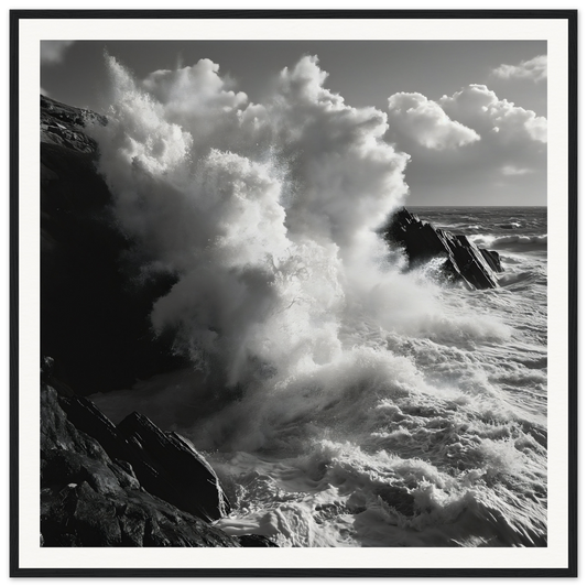 Powerful ocean waves crash against cliffs in Eternal Splash Ecstasy framed art