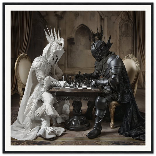 Two armored figures in Ethereal Ebony Clash playing chess, perfect for museum-quality framed art