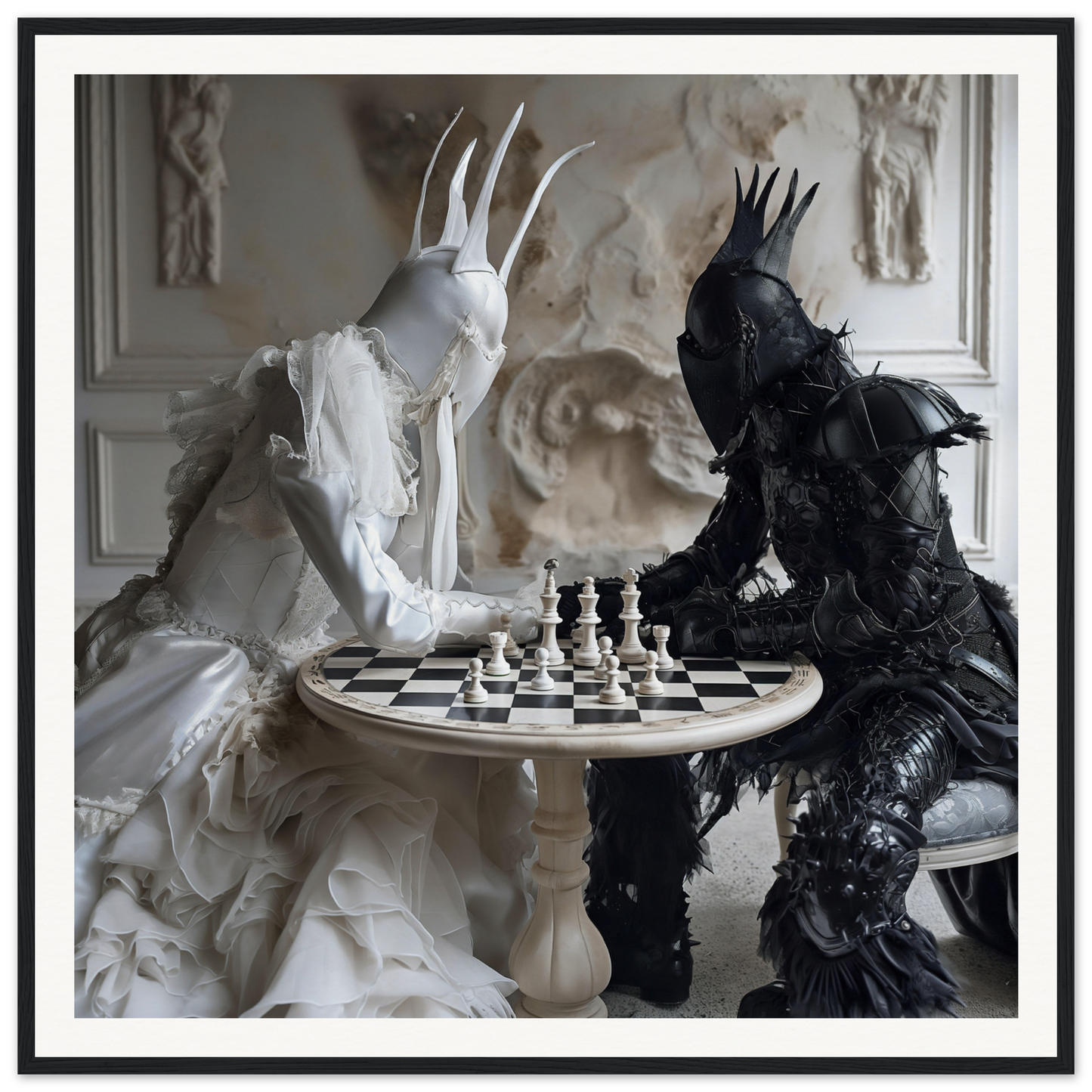 Ornate figures in black and white play chess in Ethereal Minds’ Duel, a fantasy masterpiece